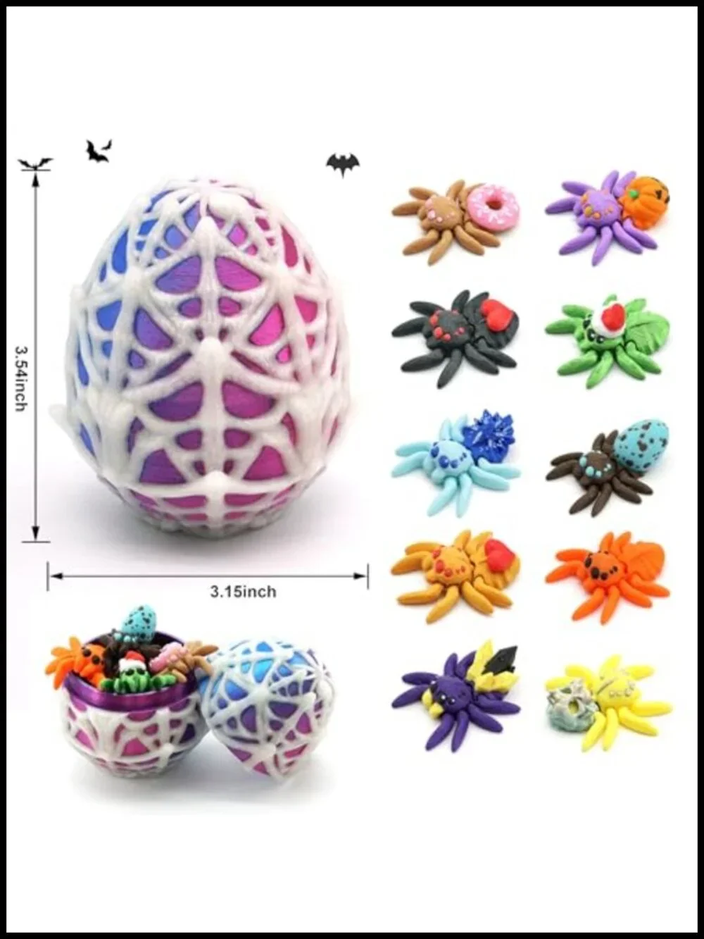 3D Printed Glow in the Dark Spider Egg Toy with 10 Spiders